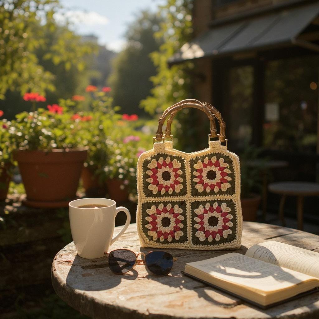 Crochet Granny Square Crossbody Bag: Blue Whisper Luna Loops, Bamboo Handle