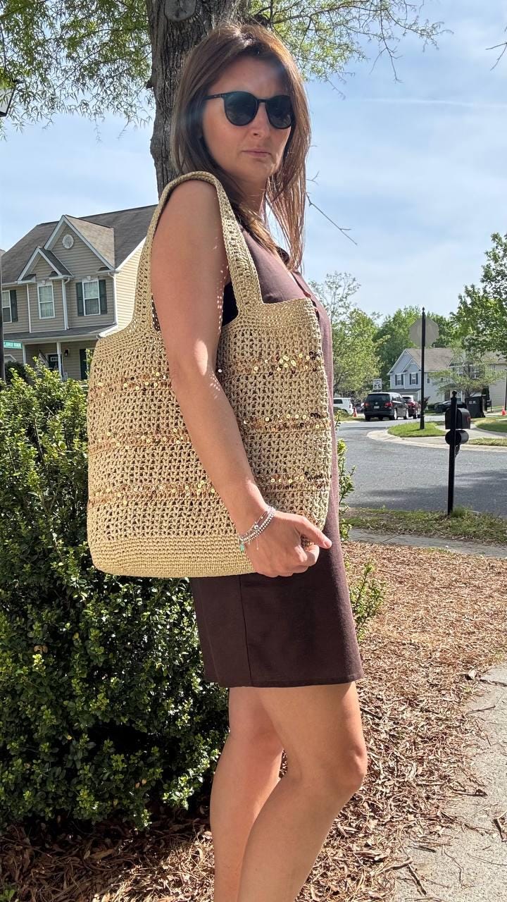 Handmade Raffia Crochet Tote Bag with Sequins, Boho Beach Accessory