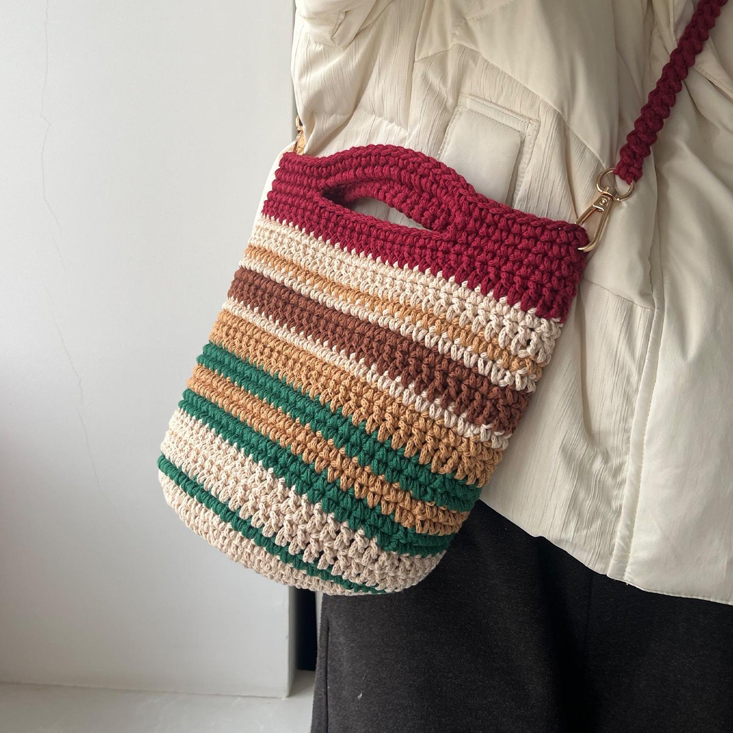 Harvest Stripe Crochet Bag, Handmade Shoulder Bag, Handbag Gift for Her