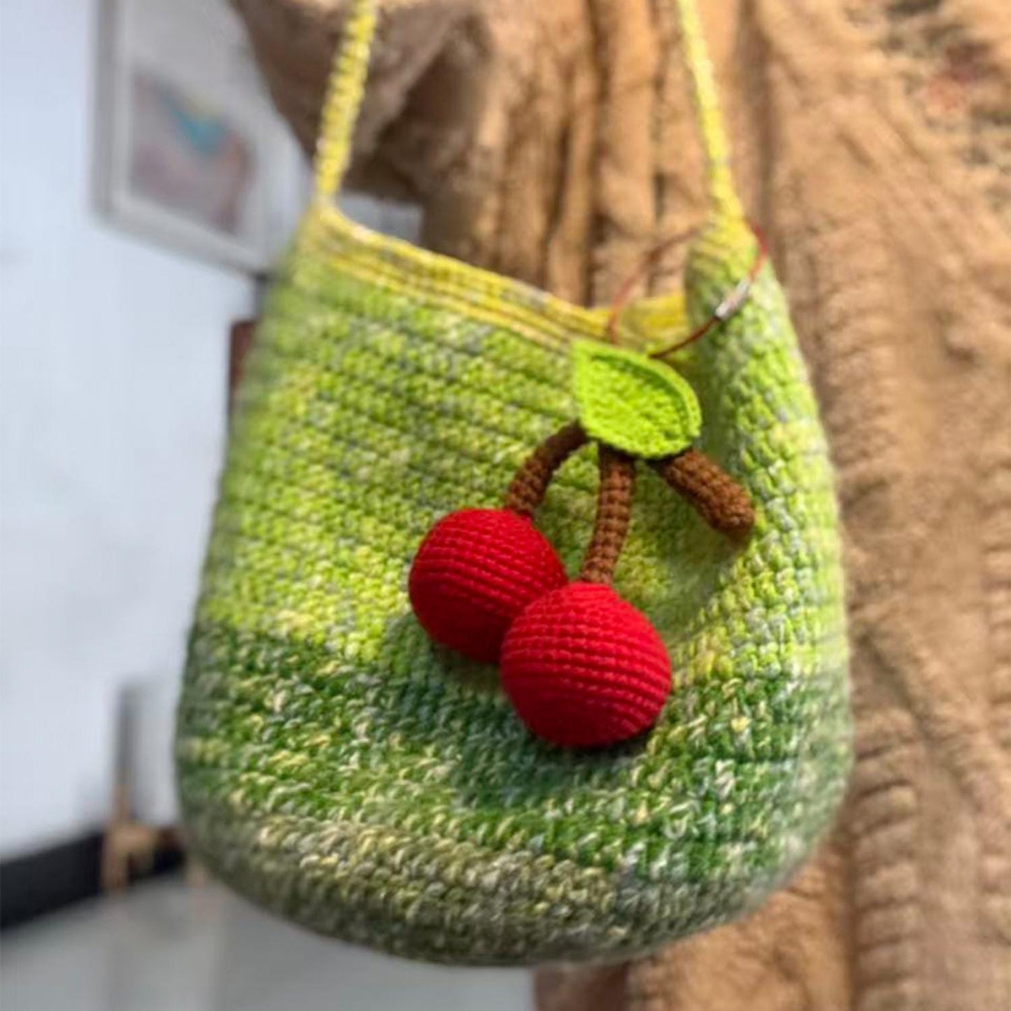 Handmade Crochet Tote Bag, Cherry Charm Cotton Shoulder Bag, Handbag Gift for Her