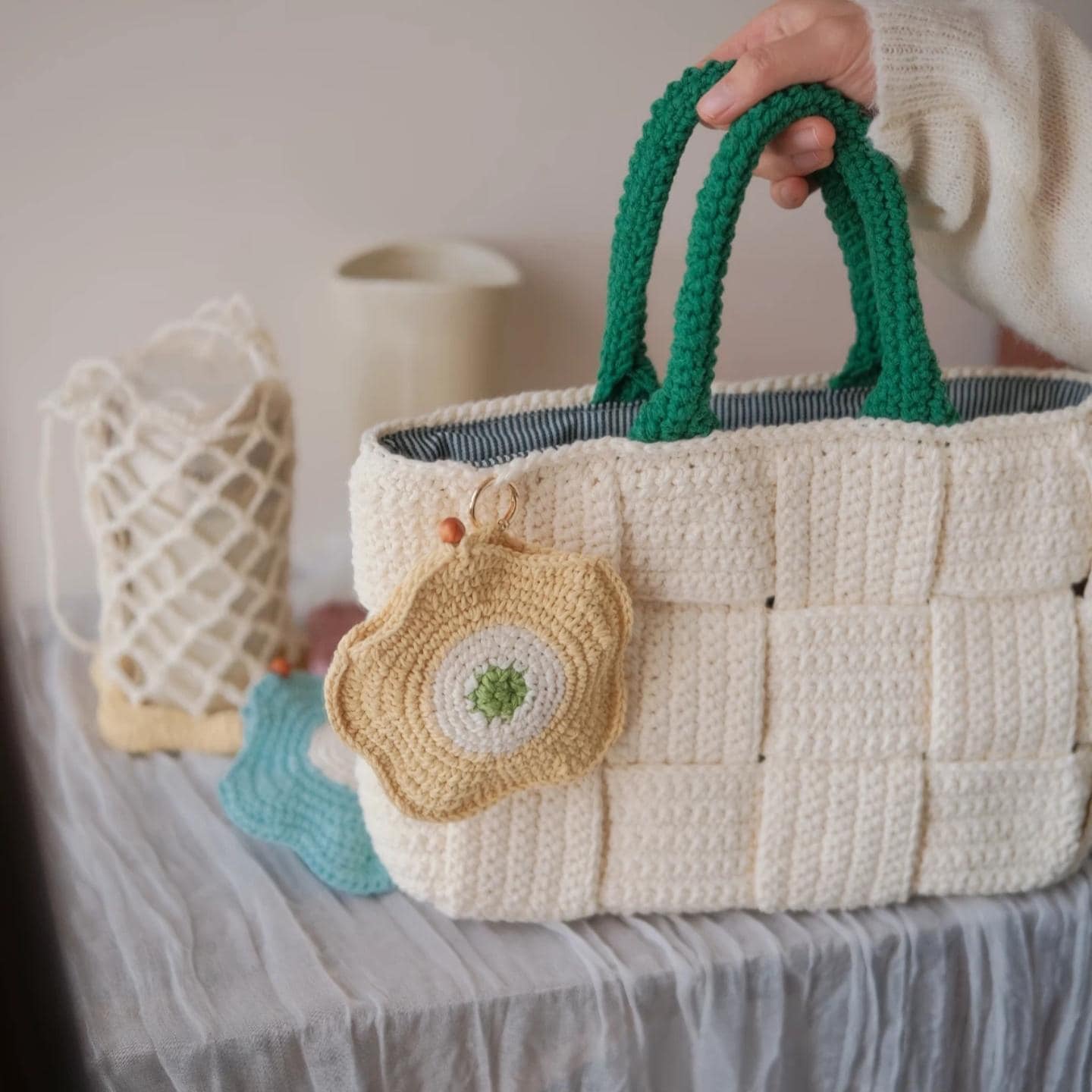 Classic Handmade Crochet Tote - Heavy-Duty Woven Basket Purse, Large Capacity Knit Shoulder Bag with Secure Snap Button, Gift for mon