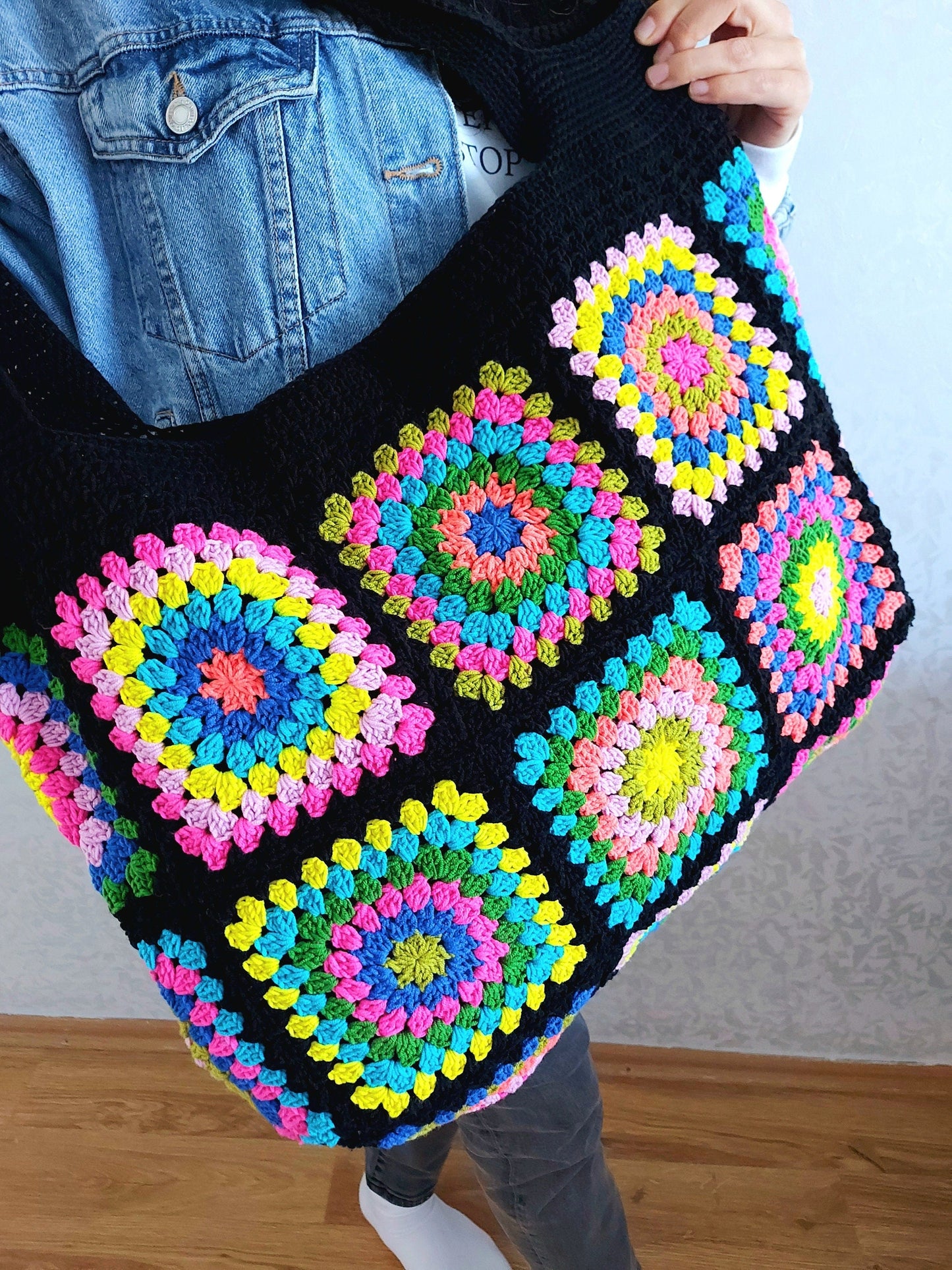 Crochet Granny Square Tote Bag: Colorful Handbags for Women, Custom Beach Bag, Spring Style
