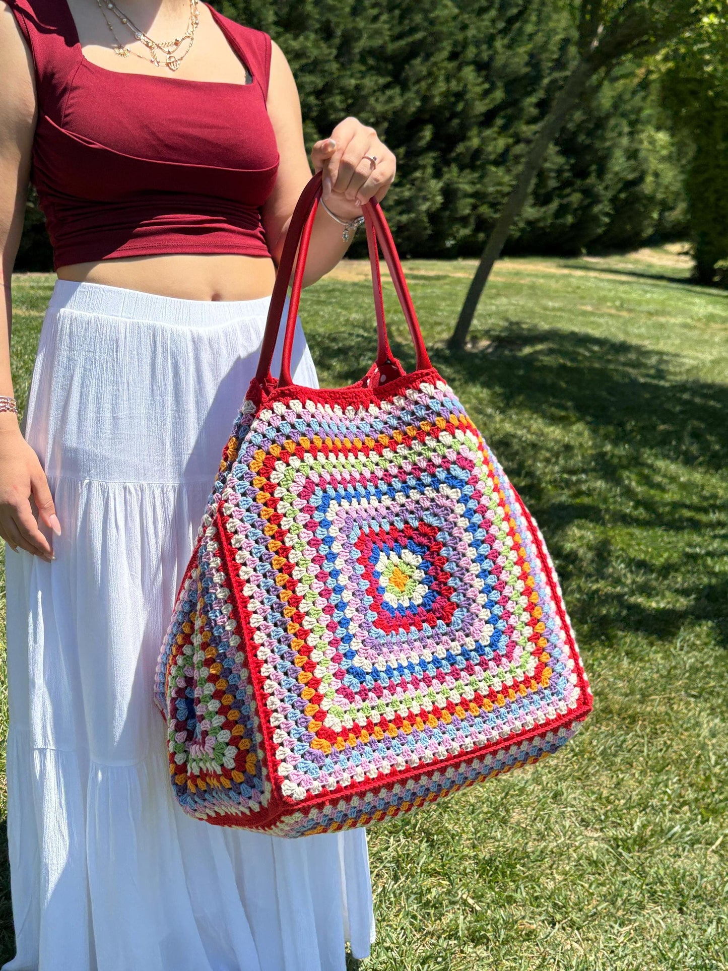 XXL Crochet Granny Square Tote: Leather Handles, Boho Weekender, Spring Style Bag