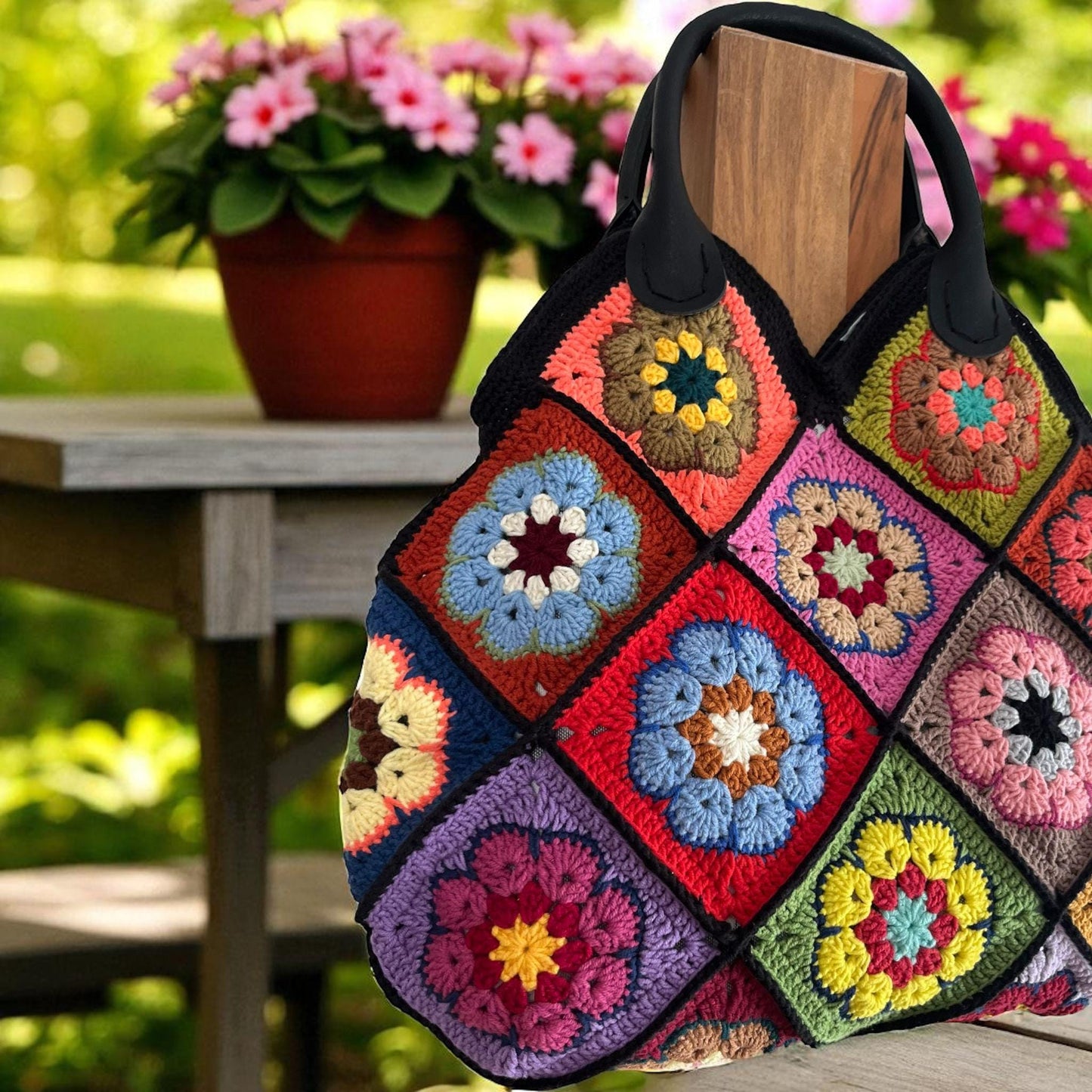 Colorful Granny Square Crochet Tote Bag �Handmade Boho Market Bag �Retro Patchwork Purse