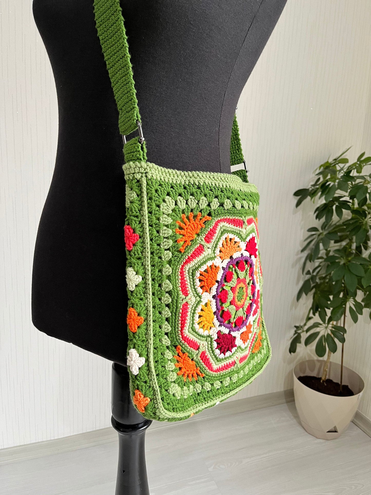 Handmade Crochet Crossbody Bag: Boho Green Cotton Shoulder Bag, Black Friday Gift