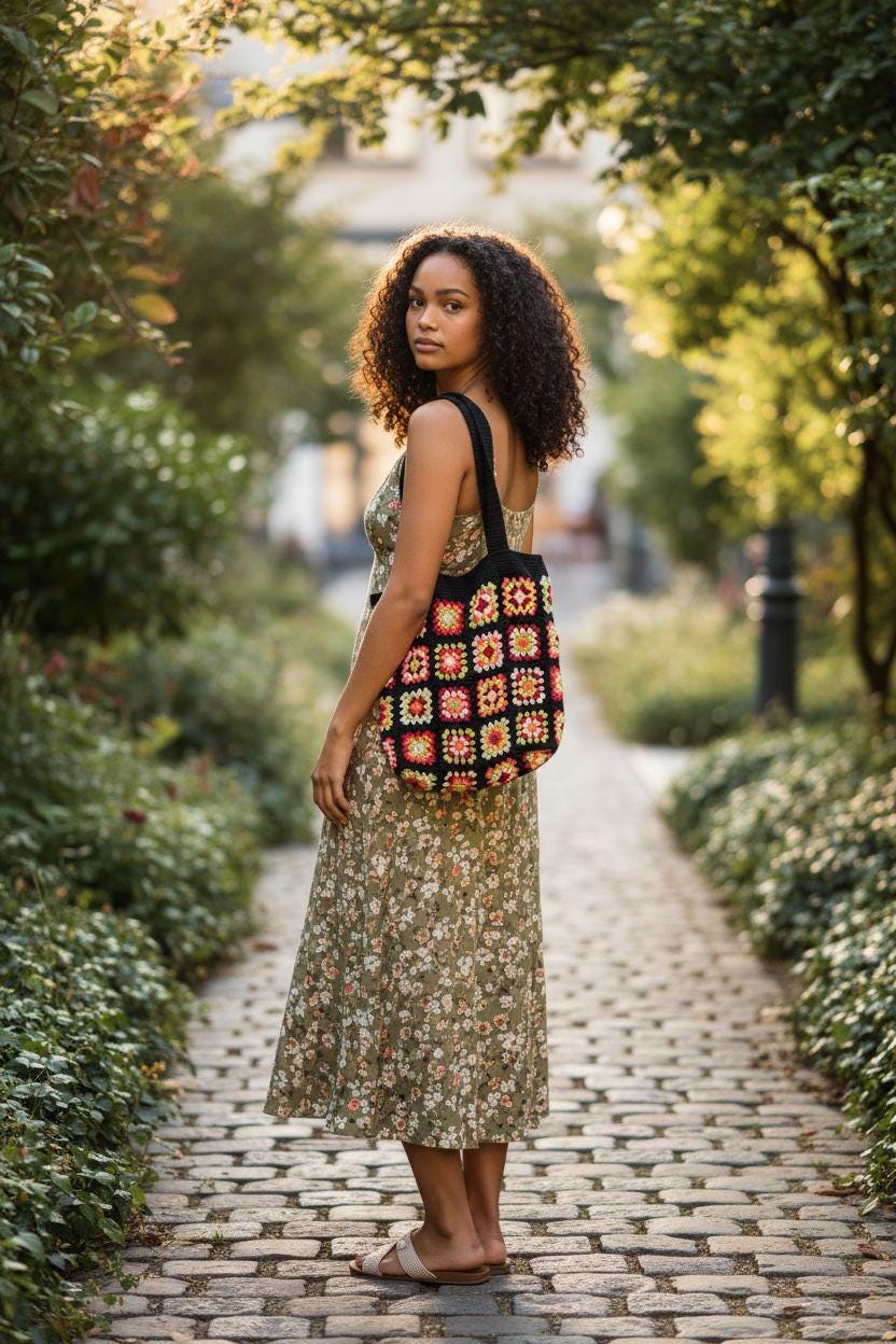 Crochet Granny Square Tote Bag: Dark Grey Boho Beach Bag