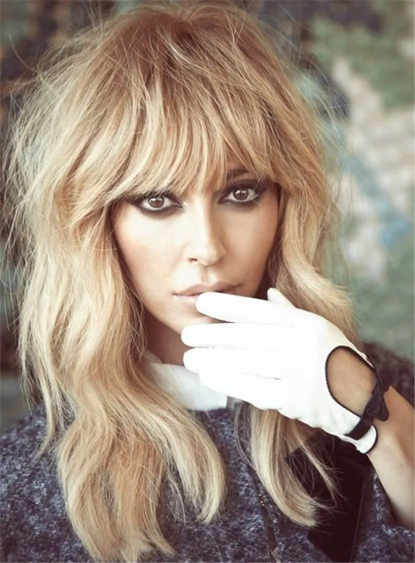 Golden Soft Charming Natural Vintage Fluffy Low Price Wavy Synthetic Hair Capless Women Wigs 16 Inches