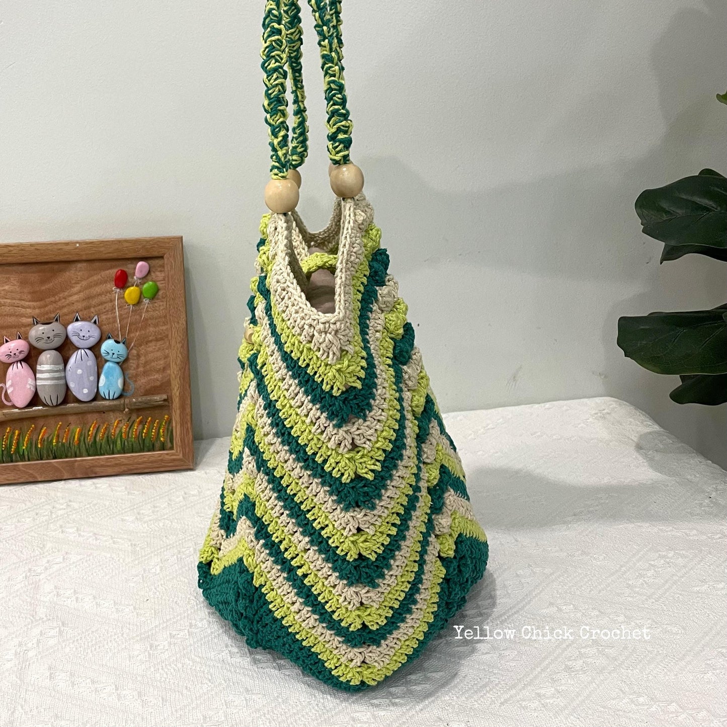 Handmade Crochet Tote Bag, Green Chevron Beach Shoulder Bag, Supermarket Tote Bag, Travel Bag, Mother's Day Gift, Easter Gift