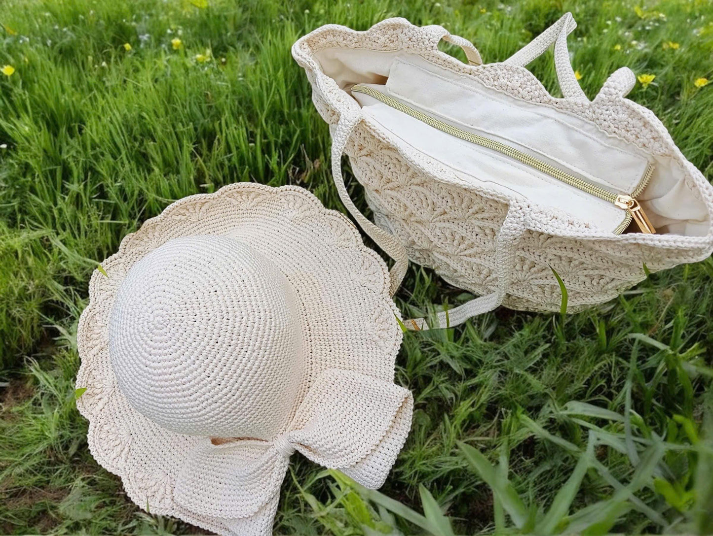 Crochet Summer Hat and Bag Set, Handmade Fan Petal Design, seashell design crochet bag, mother's day gift, easter gift, matching outfit