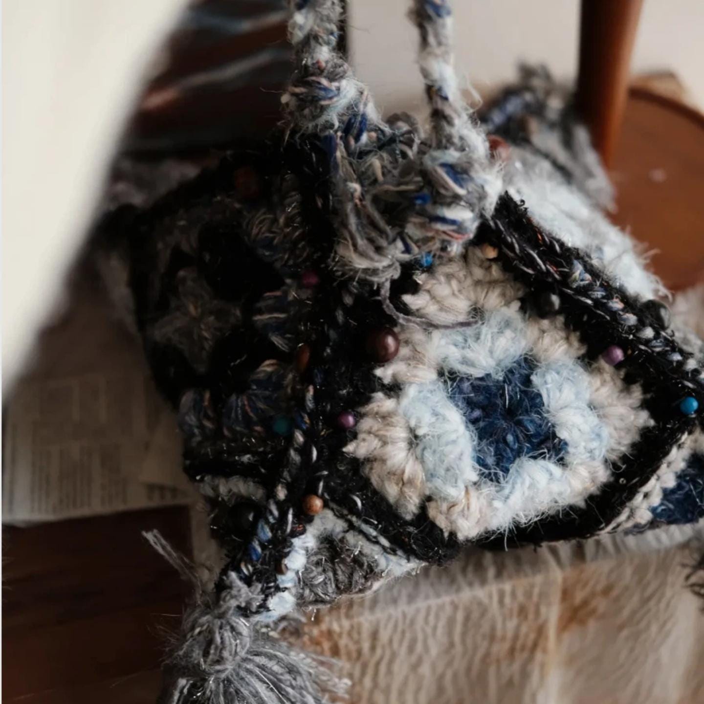 One-of-a-Kind Bag, Unique Crochet Shoulder Bag, Hand-Spun Yarn Granny Square Pyramid Purse, Eclectic Hippie Satchel, Statement Accessory