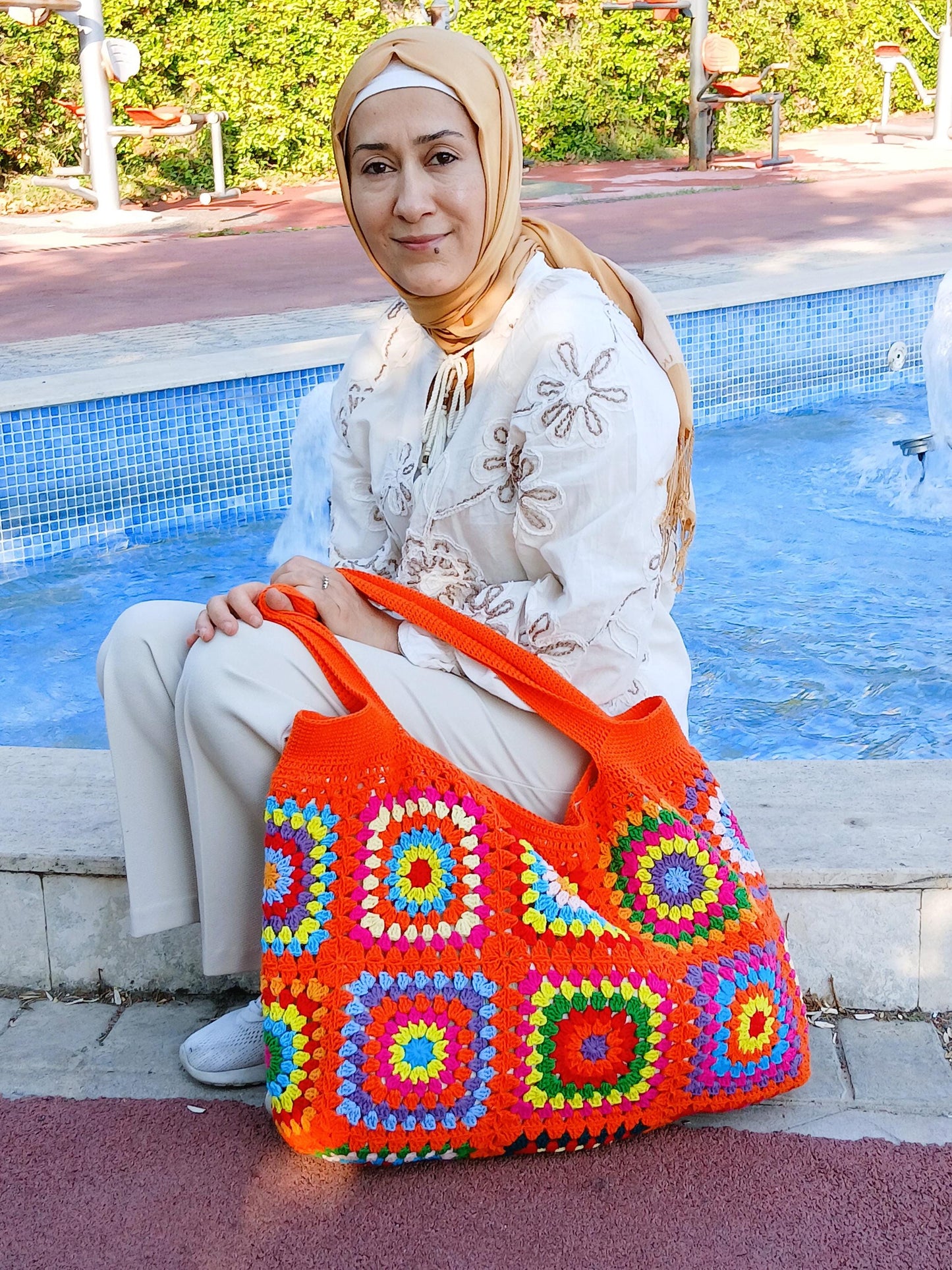 Granny Square Tote Bag, Shoulder Bag Purses for Women, Orange Purse and Handbag Crochet