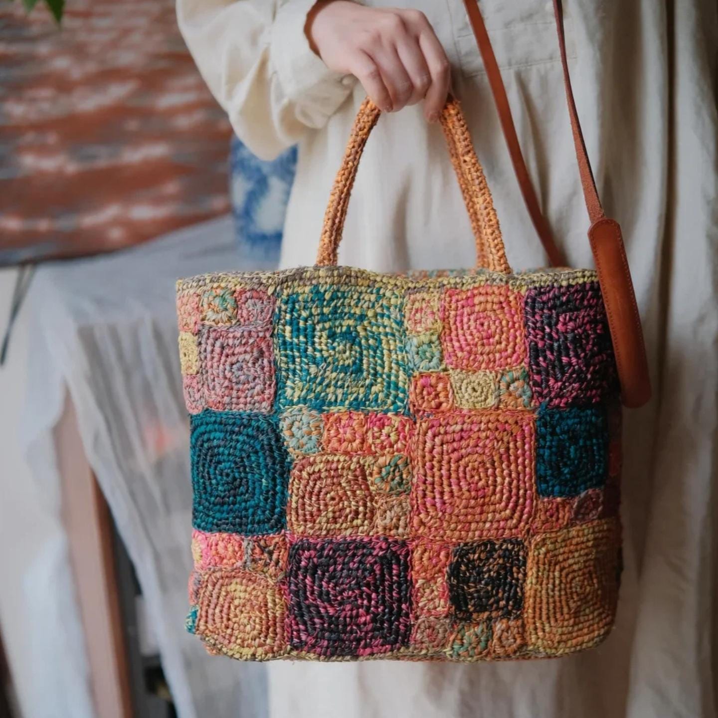 Handmade Boho Chic Raffia Handbag, Colorful Crochet Tote Bag, Woven Beach Bag with Magnetic Snap, Perfect for Vacation, Gift for Her