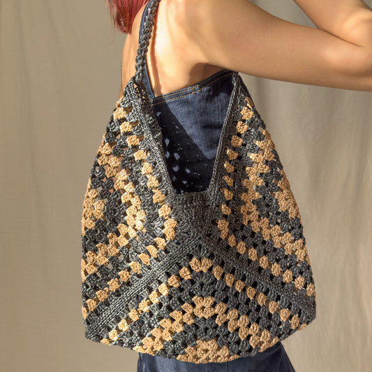 Crochet Raffia Tote Bag, Handcrafted Granny Square Bag, Summer Mesh Straw Bag, Boho Beach &amp; Everyday Use, Handmade Gift for Vegans