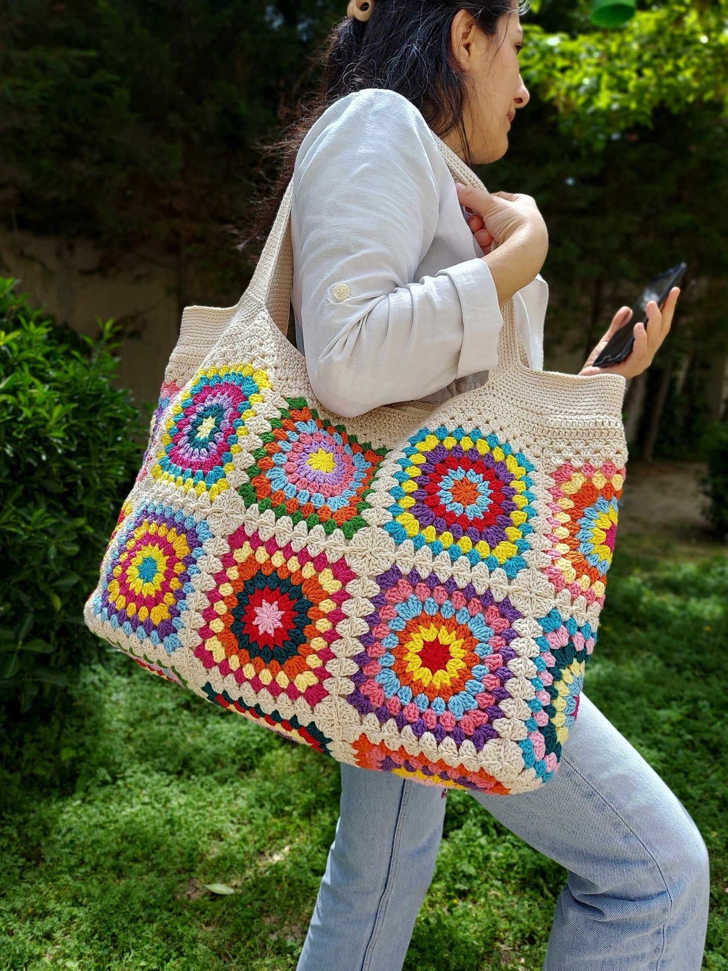 Granny Square Crochet Tote Bag: Colorful Hippie Shoulder Bag