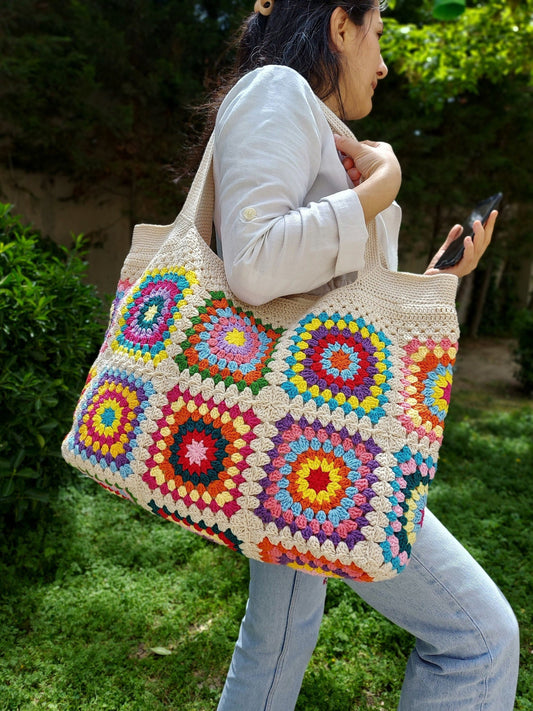 Granny Square Crochet Tote Bag: Colorful Hippie Shoulder Bag