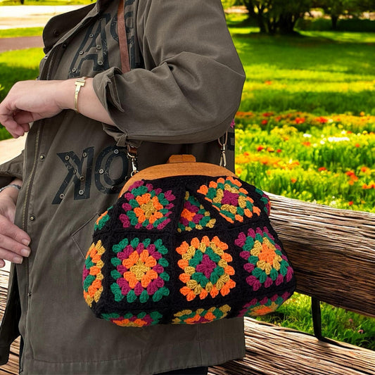 Handmade Crochet Granny Square Bag: Colorful Bohemian Purse with Wooden Clasp
