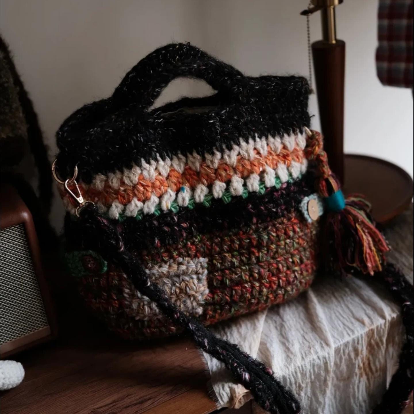 Handmade Crochet Tote Bag, "Wanderer's Soul" Mixed Yarn Bag, Lined Crochet Tote with Granny Square, Leather Button Detail, Boho Travel Purse