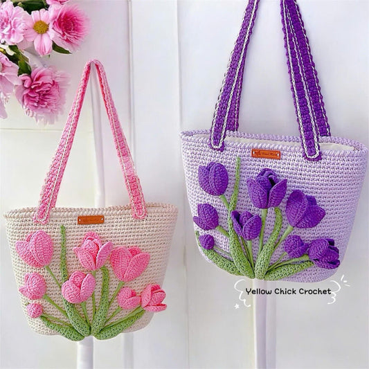 Crochet Tulip Flower Bag,Handmade Polyester Yarn Tote Bag, Flower Crochet Bag, Valentine Gift, Custom Gift for her
