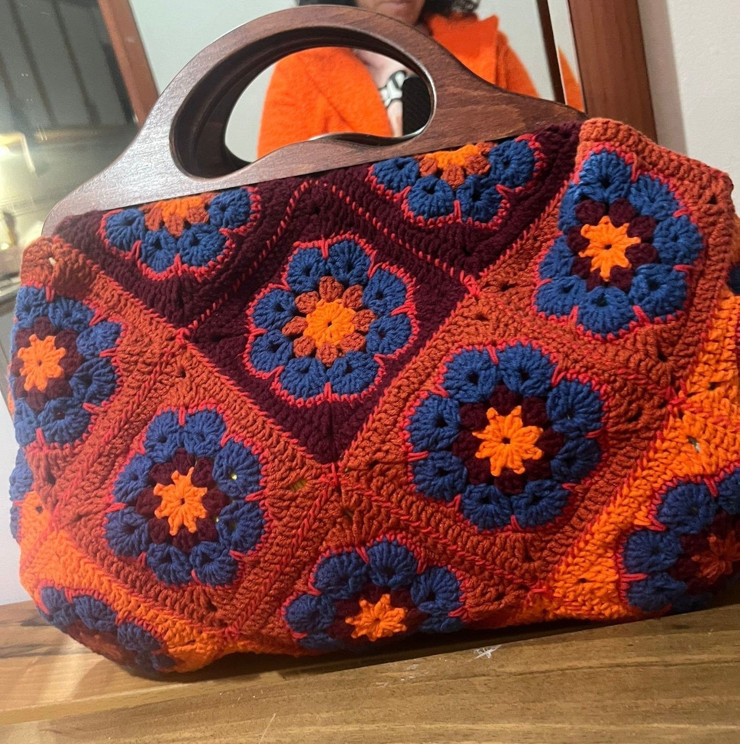 Boho Crochet Granny Square Tote â€?Handmade Vintage Style Purse with Wooden Handles