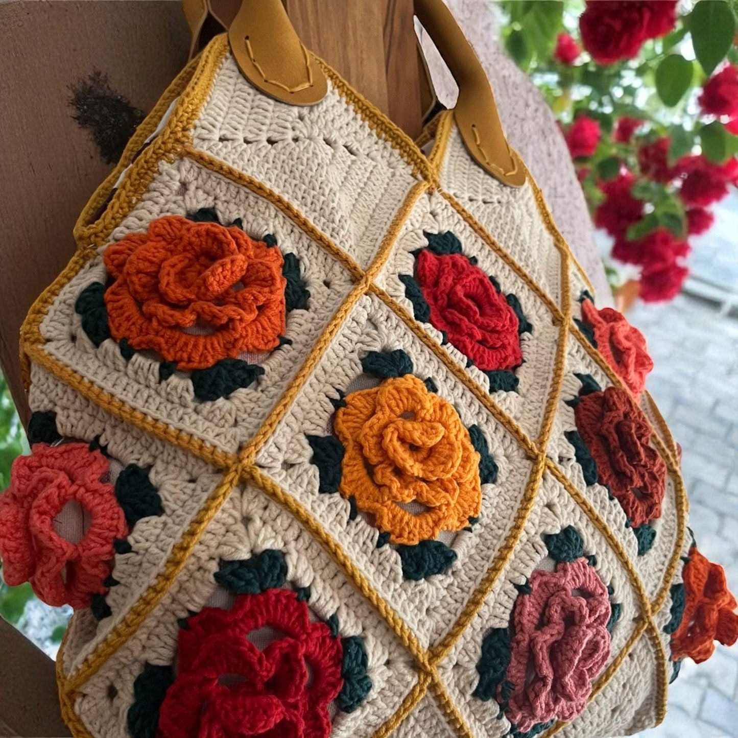 Handmade Crochet 3D Rose Tote Bag, Granny Square Purse, Boho Floral Handbag