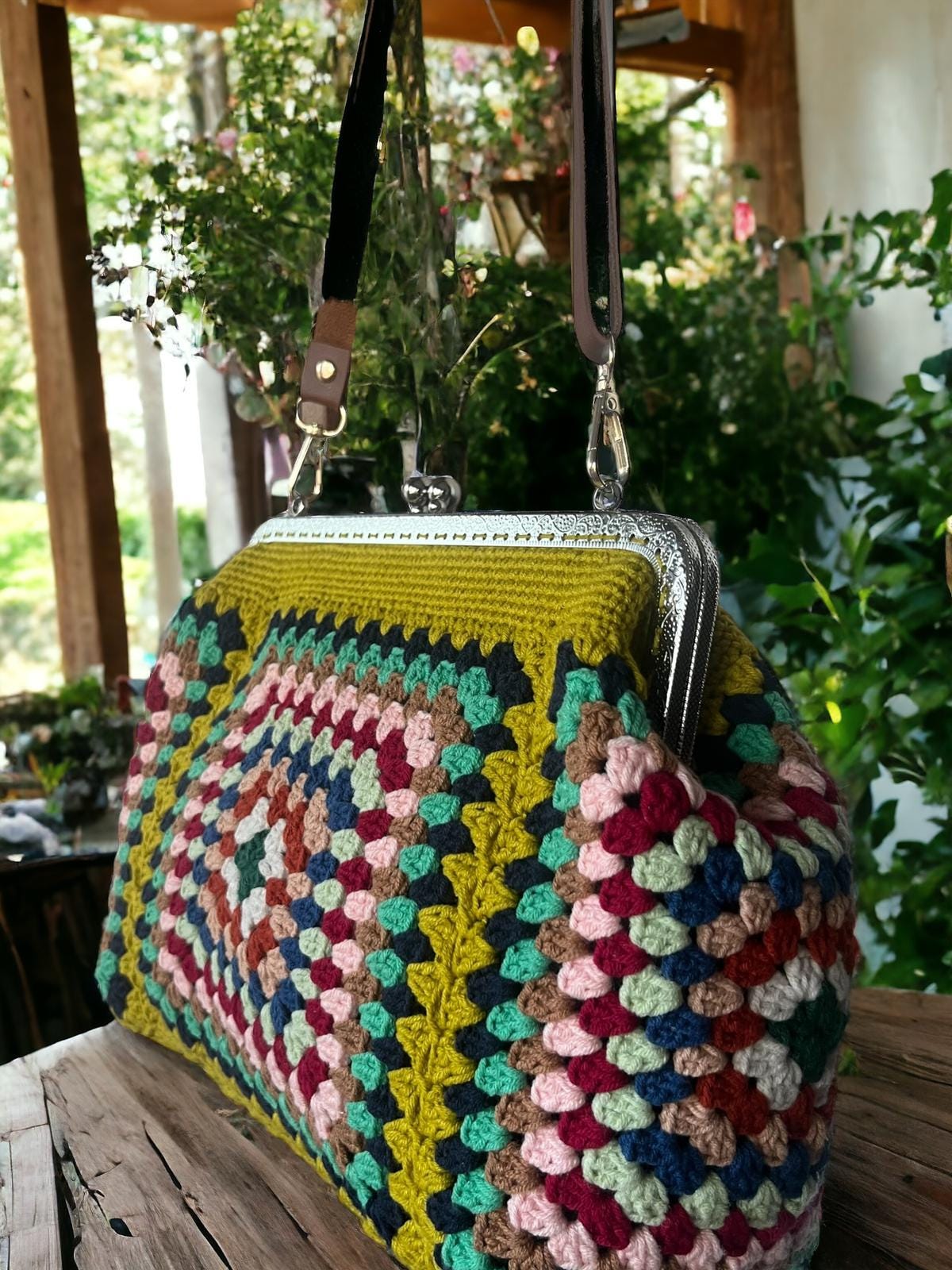 Handmade Granny Square Crochet Clutch: Vintage Style Purse with Adjustable Strap crochet bag