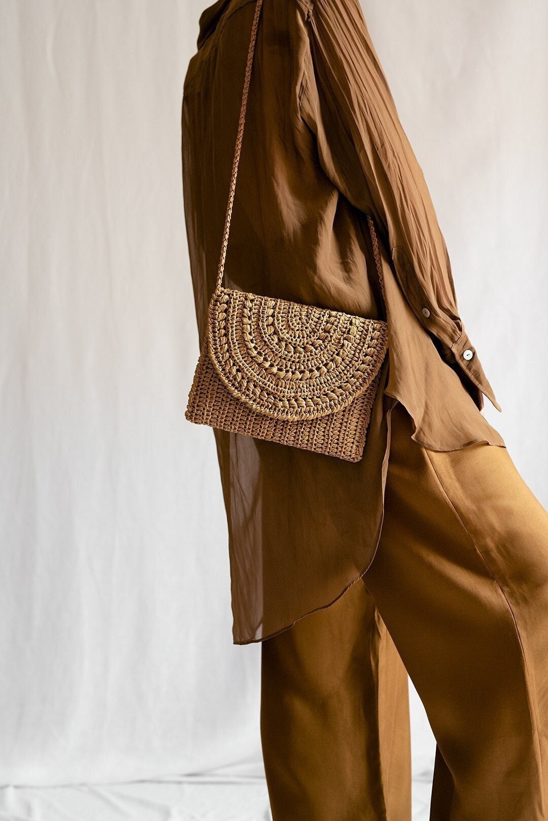 Crochet Raffia Clutch in Tan, Straw Summer Bag, Raffia Clutch Handbag, Tan Crochet Summer Bag, Crochet Straw Clutch  — Marigold Bag