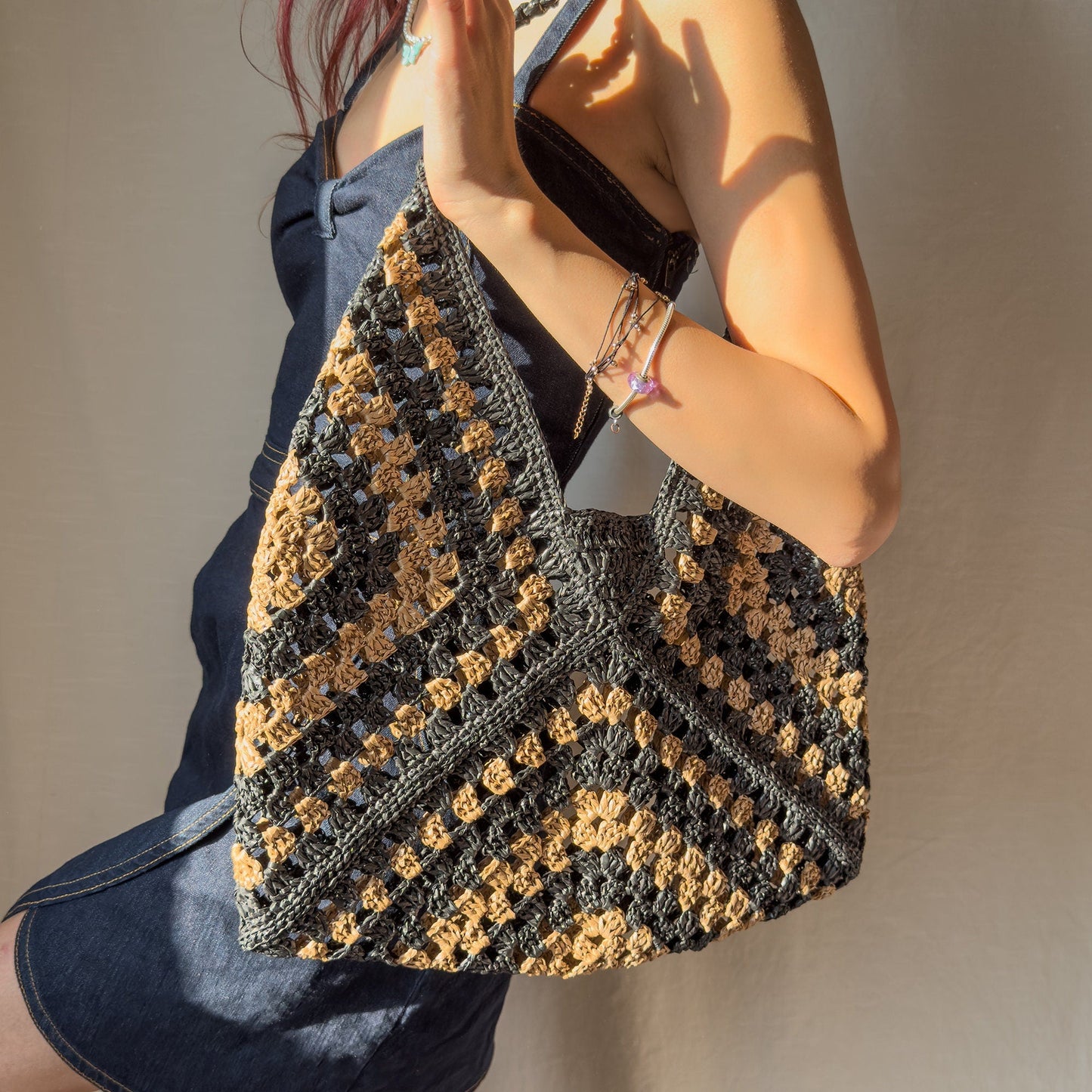 Crochet Raffia Tote Bag, Handcrafted Granny Square Bag, Summer Mesh Straw Bag, Boho Beach &amp; Everyday Use, Handmade Gift for Vegans