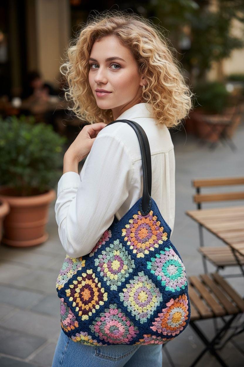 Navy Blue Crochet Bag: Handmade Granny Square Tote with Leather Handles