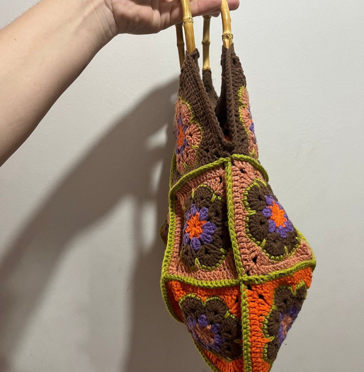 Vintage style granny squares crochet bag wooden frame unique special day present