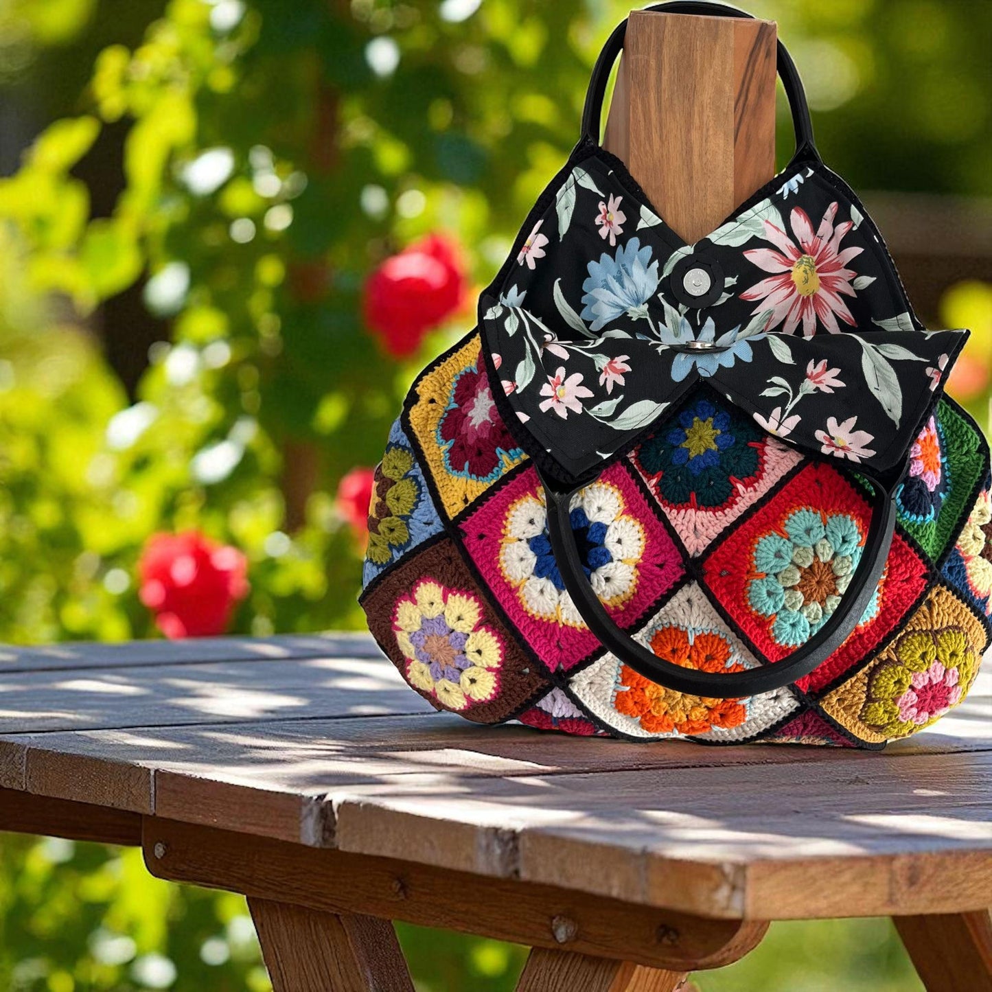 Colorful Granny Square Crochet Tote Bag â€?Handmade Boho Market Bag â€?Retro Patchwork Purse