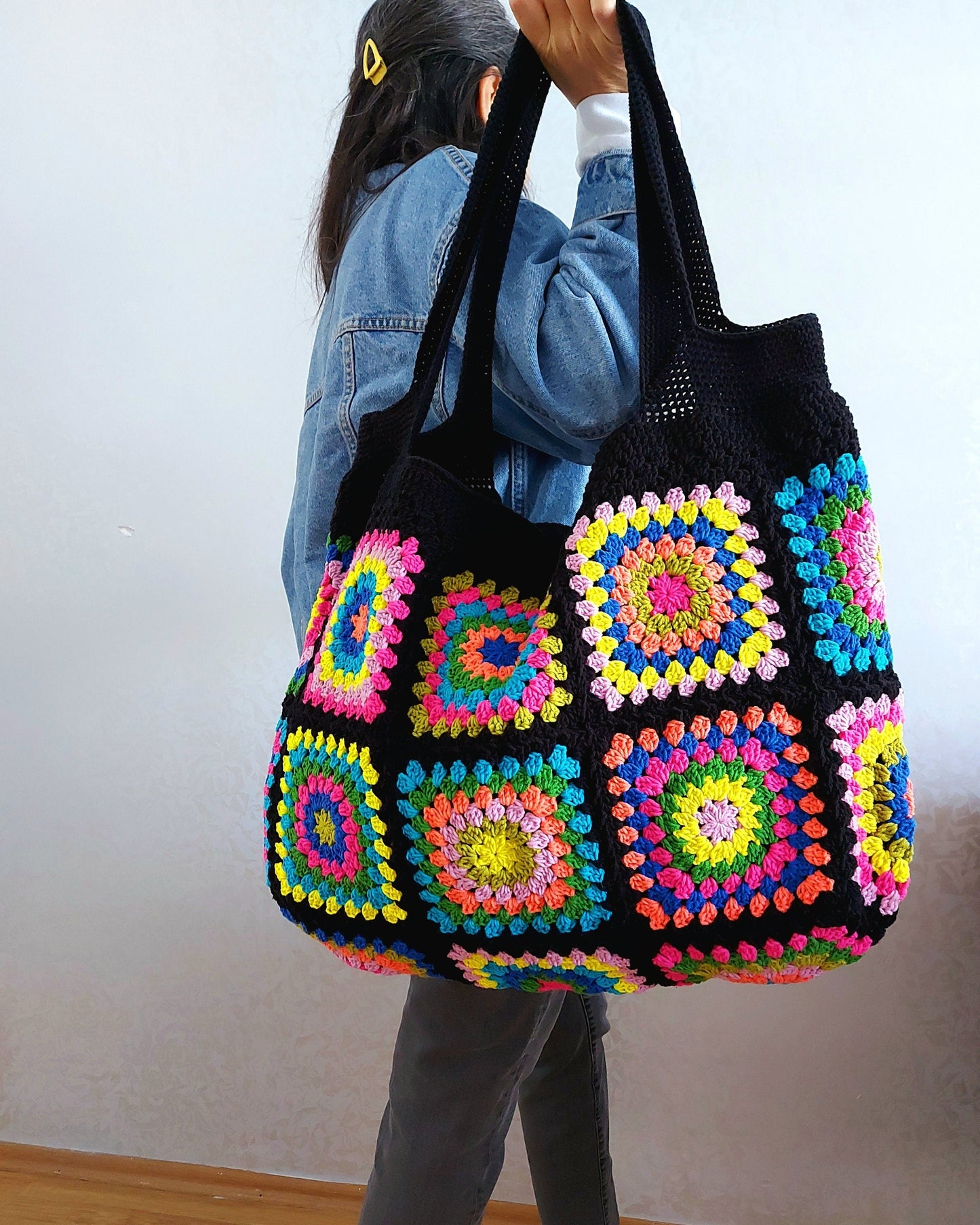 Crochet Granny Square Tote Bag: Colorful Handbags for Women, Custom Beach Bag, Spring Style