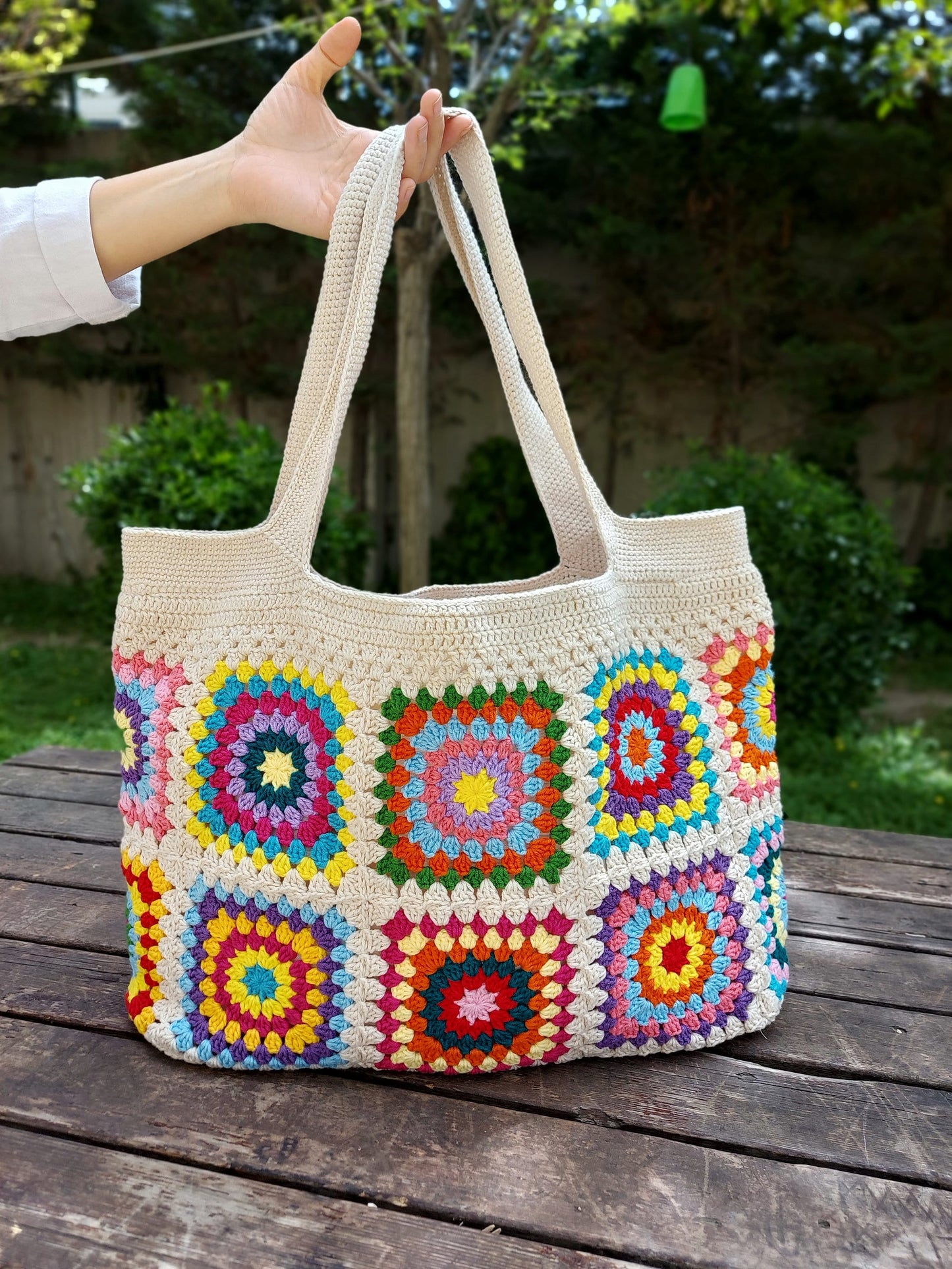 Granny Square Crochet Tote Bag: Colorful Hippie Shoulder Bag
