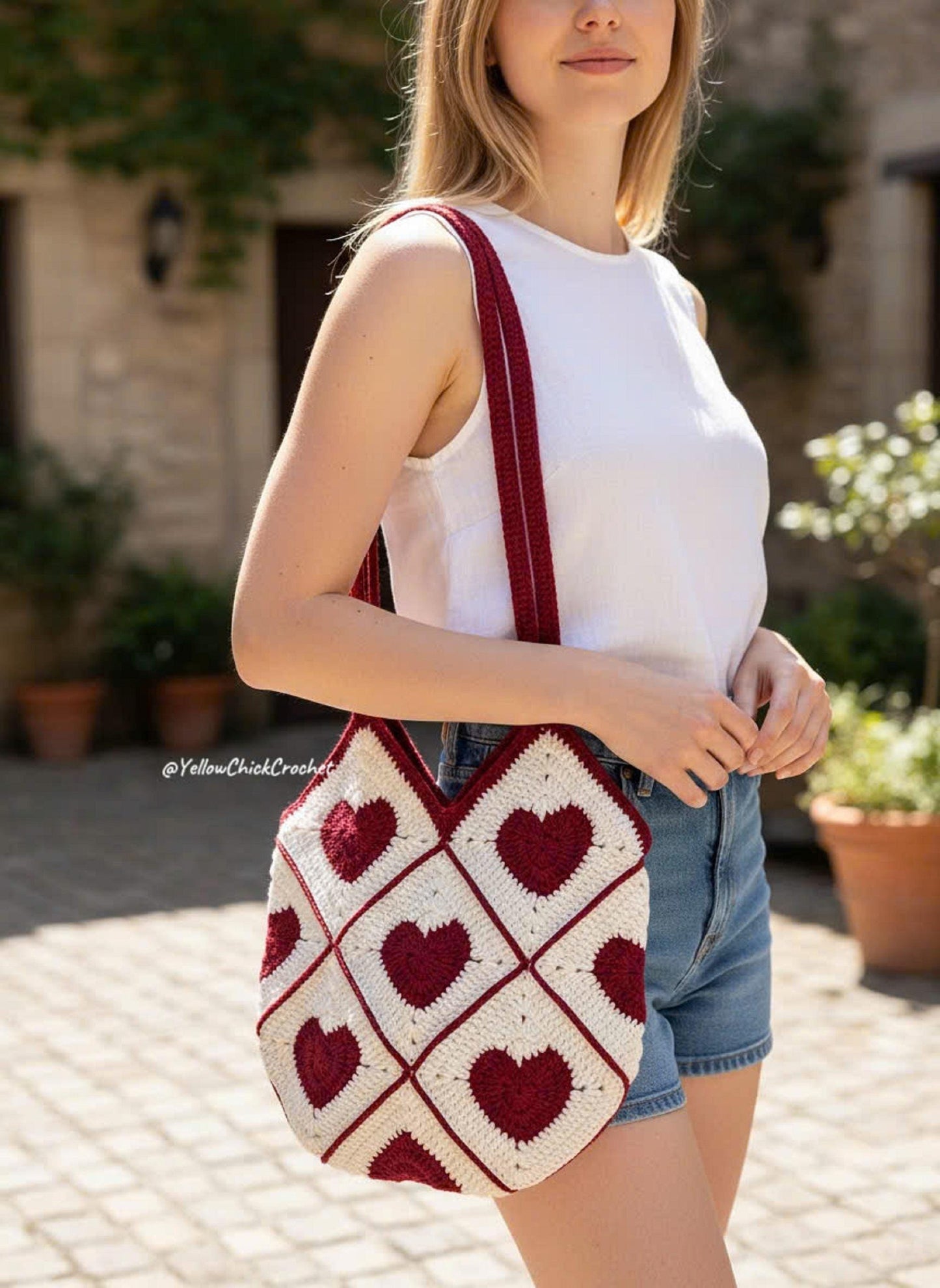 Handmade Heart Crochet Tote Bag,Granny Square Shoulder Bag with Lining,Romantic Coquette Aesthetic Purse,Red Heart Knitting Bag,Gift for Her