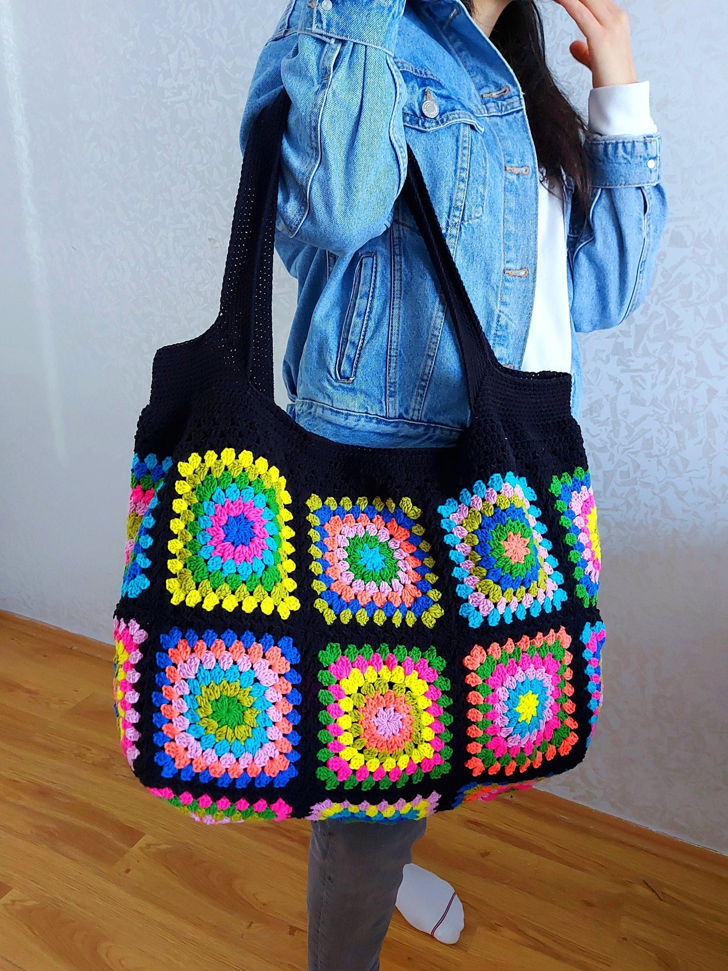 Crochet Granny Square Tote Bag: Colorful Handbags for Women, Custom Beach Bag, Spring Style