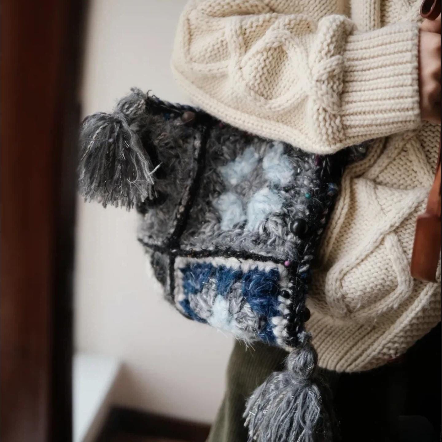 One-of-a-Kind Bag, Unique Crochet Shoulder Bag, Hand-Spun Yarn Granny Square Pyramid Purse, Eclectic Hippie Satchel, Statement Accessory