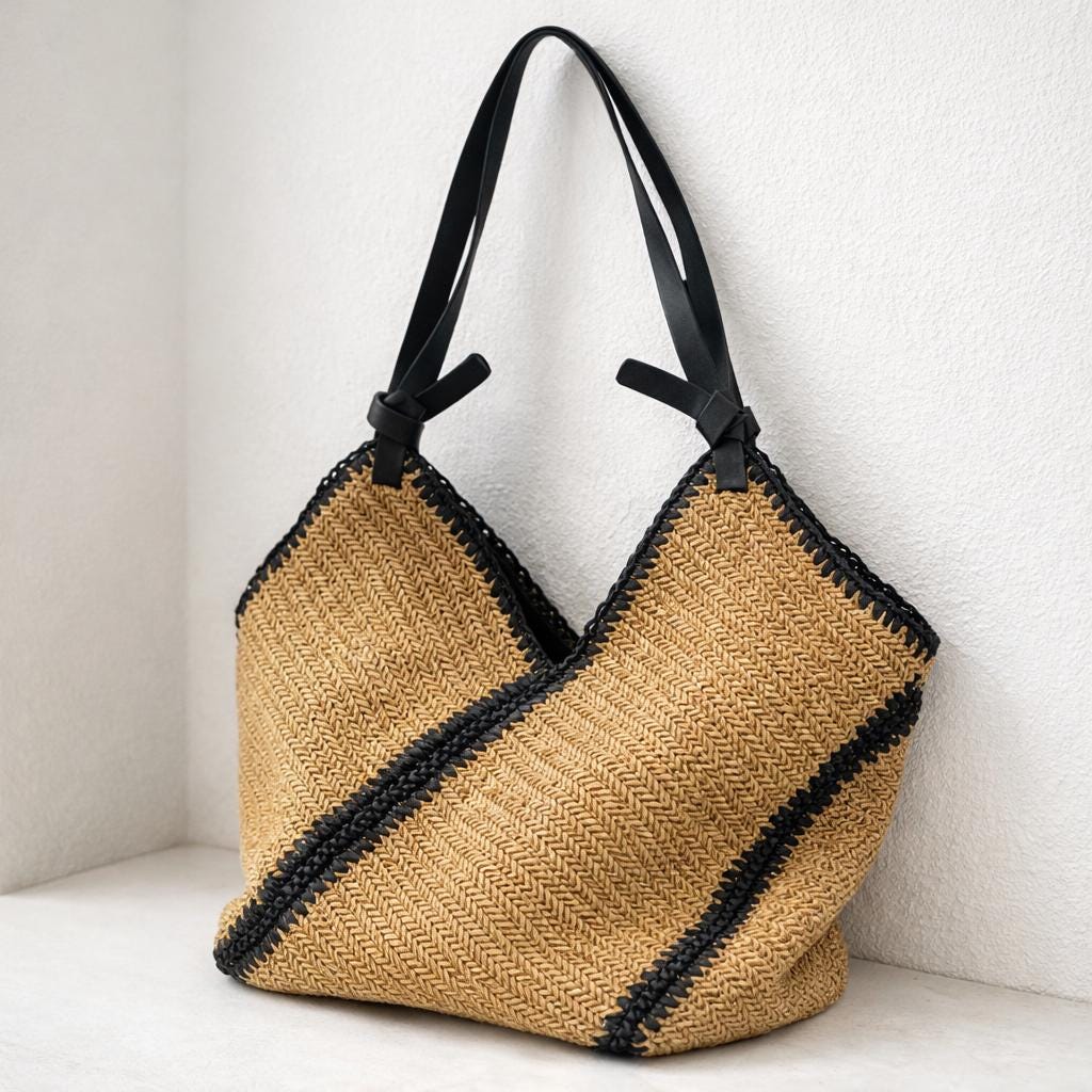 Woven Straw Tote, V-Shape Geometric Raffia Beach Bag, Boho Shoulder