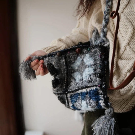 One-of-a-Kind Crochet Pyramid Bag, Hand-Blended Yarn Granny Square Tote, Boho Tassel Shoulder Bag, Unique Wearable Fiber Art Gift