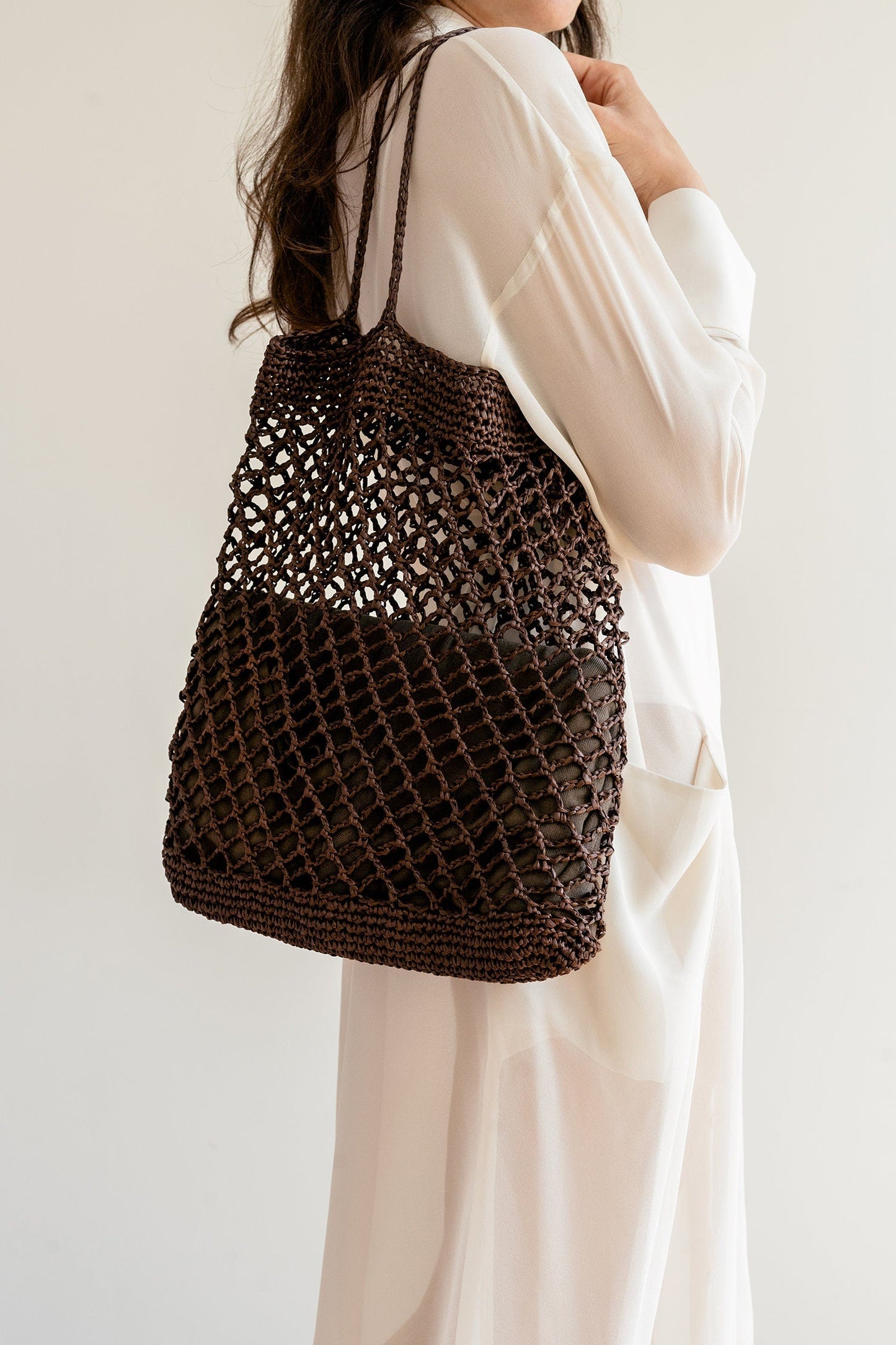 Raffia Net Bag in Tan, Crochet Raffia Tote, Summer Tote Bag, Straw Mesh Bag, Handcrafted Tote, Net Shoulder Bag