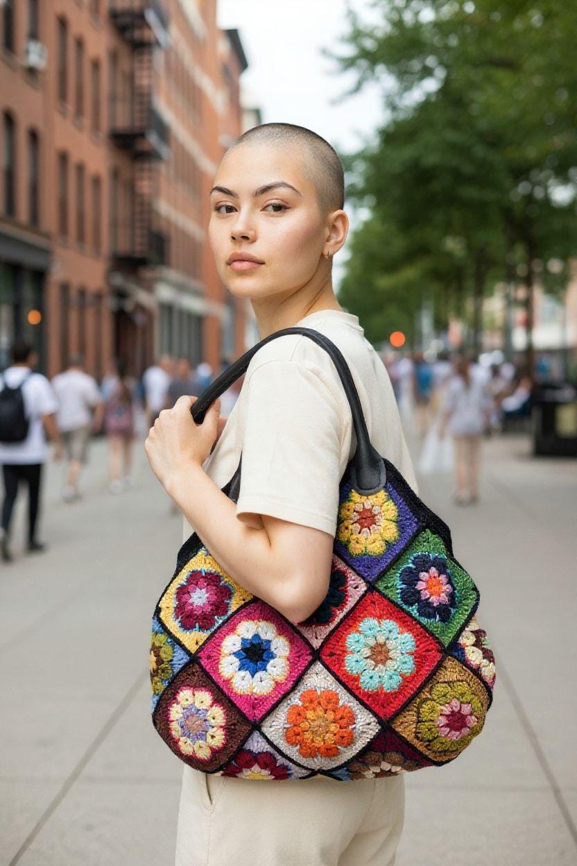 Colorful Granny Square Crochet Tote Bag â€?Handmade Boho Market Bag â€?Retro Patchwork Purse