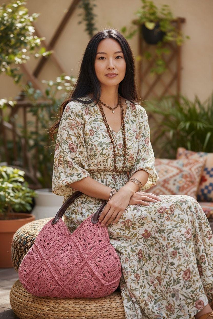 Pink Crochet Tote Bag â€?Handmade Granny Square Shoulder Bag, Boho Floral Purse, Vintage Style