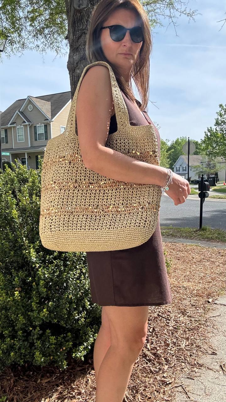 Handmade Raffia Crochet Tote Bag with Sequins, Boho Beach Accessory