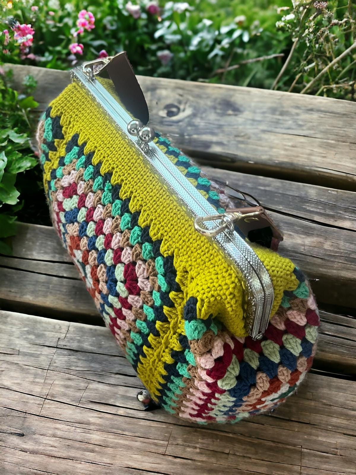 Handmade Granny Square Crochet Clutch: Vintage Style Purse with Adjustable Strap crochet bag