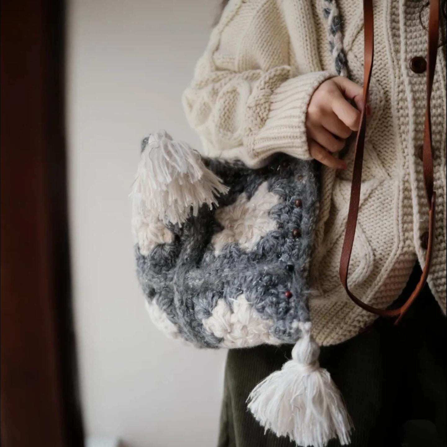 One-of-a-Kind Bag, Unique Crochet Shoulder Bag, Hand-Spun Yarn Granny Square Pyramid Purse, Eclectic Hippie Satchel, Statement Accessory