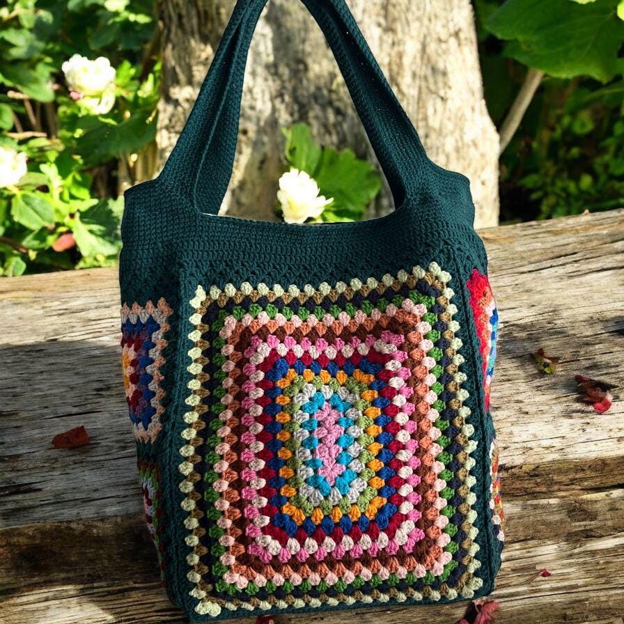 Crochet Granny Square Tote Bag: Colorful Boho Beach Bag