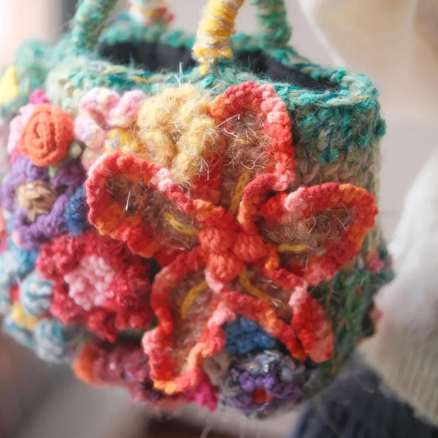 Handmade 3D Flower Crochet Bag, Boho Tote, Colorful Textured Knit Purse, Unique Artisan Handbag, Mother's Day Gift for Mom