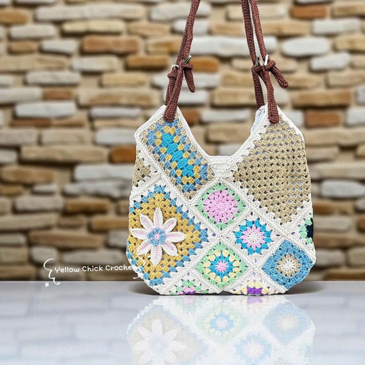 Handmade Crochet Patchwork Tote Bag, Warm Autumn Colors, Lined - Zippered, Mother's Day Gift, Floral Square Bag, Easter Gift