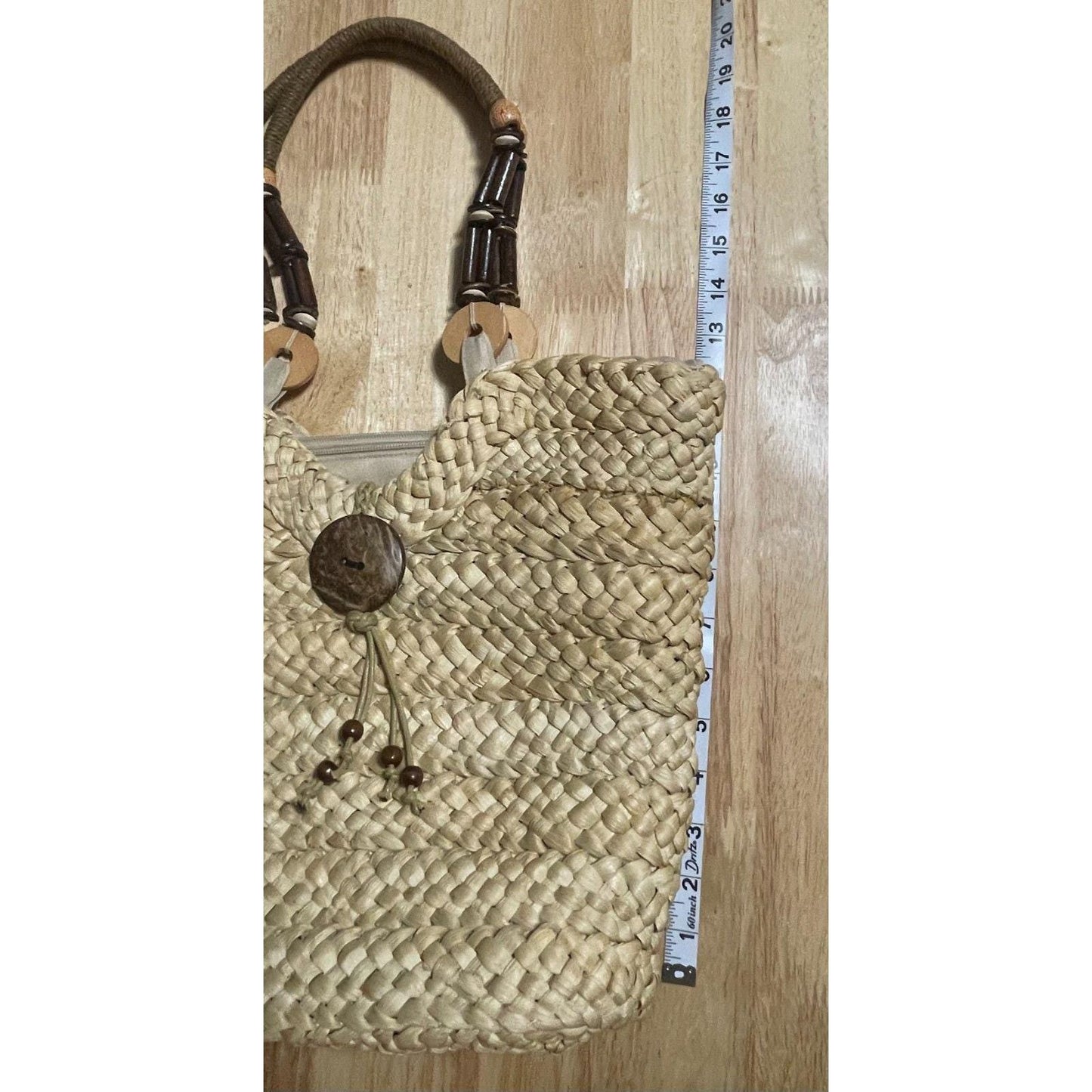Sun N Sand Straw Tote Bag Woven Beach Handbag Boho Wood Handle Large
