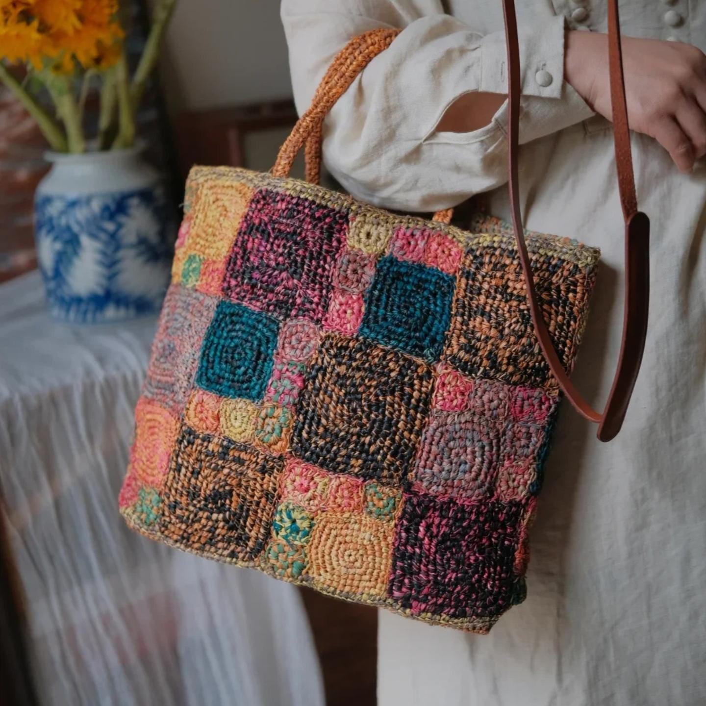 Handmade Boho Chic Raffia Handbag, Colorful Crochet Tote Bag, Woven Beach Bag with Magnetic Snap, Perfect for Vacation, Gift for Her