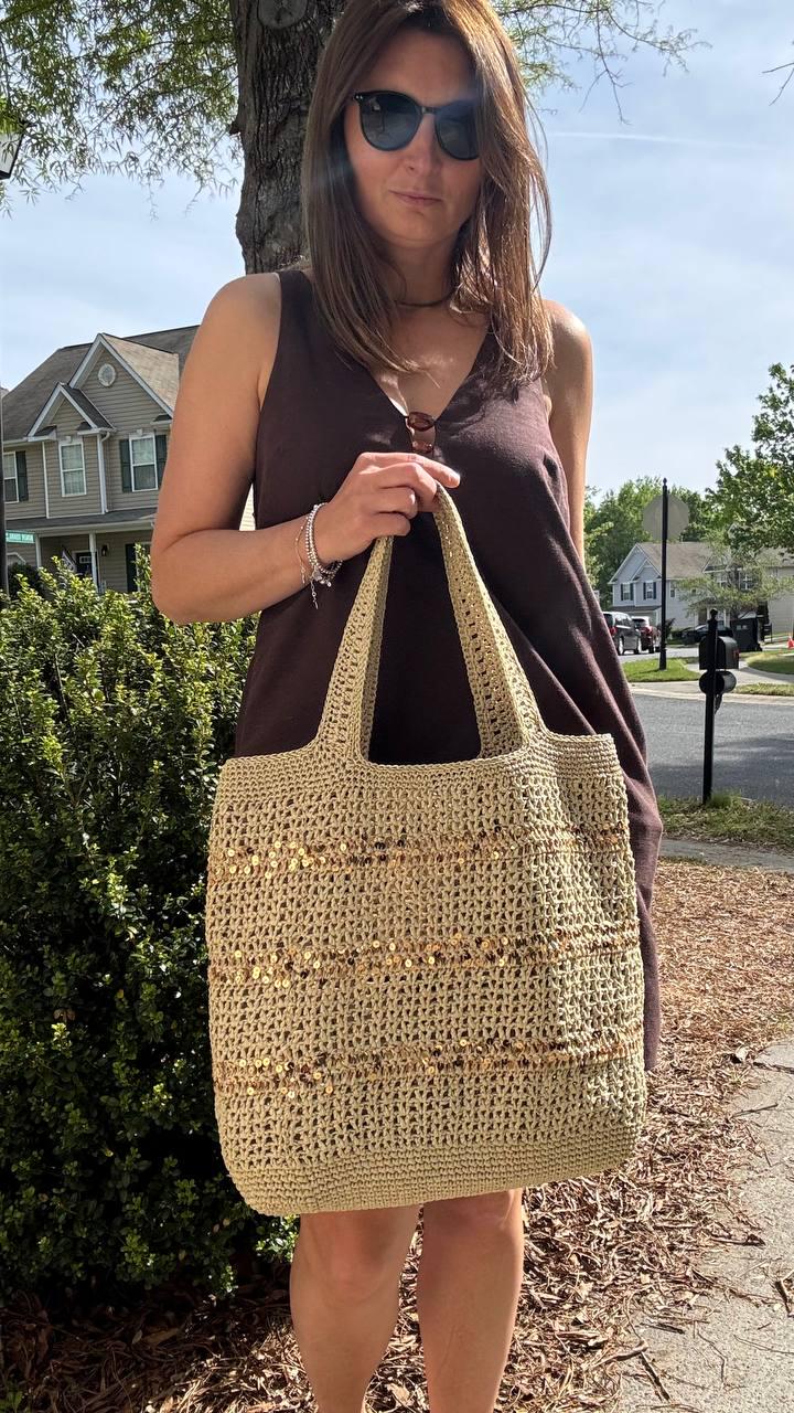 Handmade Raffia Crochet Tote Bag with Sequins, Boho Beach Accessory