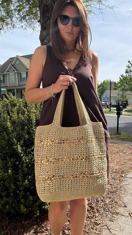 Handmade Raffia Crochet Tote Bag with Sequins, Boho Beach Accessory
